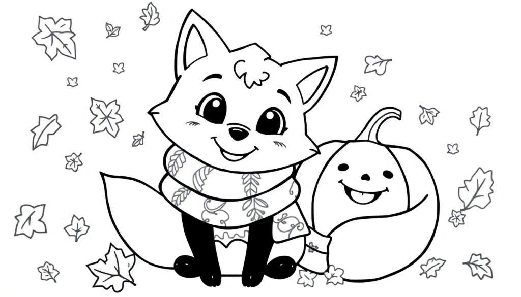 A cute black and white coloring page of a happy fox wearing a cozy scarf, surrounded by falling autumn leaves and a smiling pumpkin, ready for a color panel.