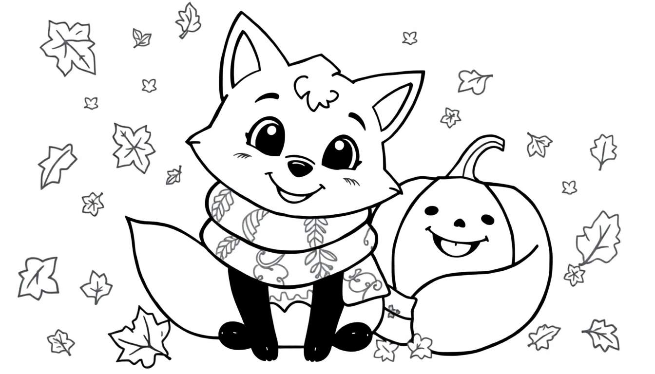 A cute black and white coloring page of a happy fox wearing a cozy scarf, surrounded by falling autumn leaves and a smiling pumpkin, ready for a color panel.