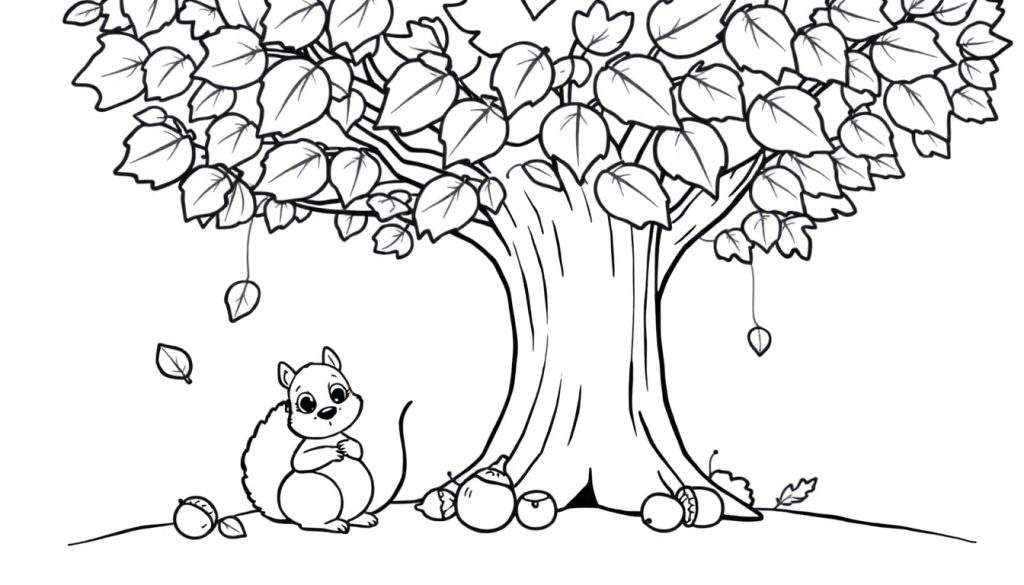 A cute squirrel eagerly collecting acorns under a colorful autumn tree, a delightful color panel for drawing.