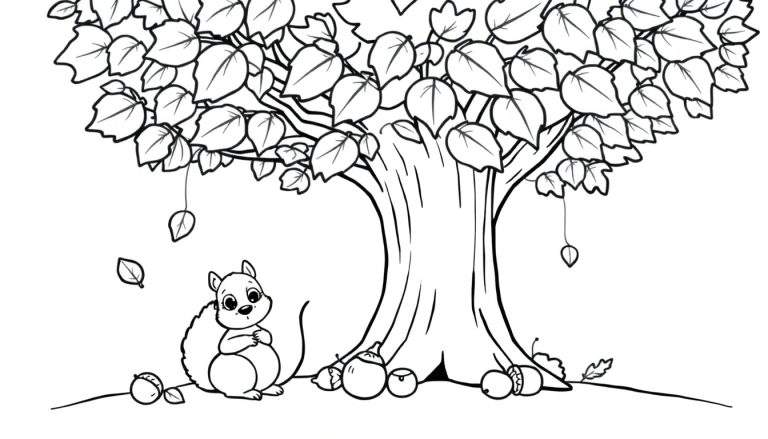 A cute squirrel eagerly collecting acorns under a colorful autumn tree, a delightful color panel for drawing.