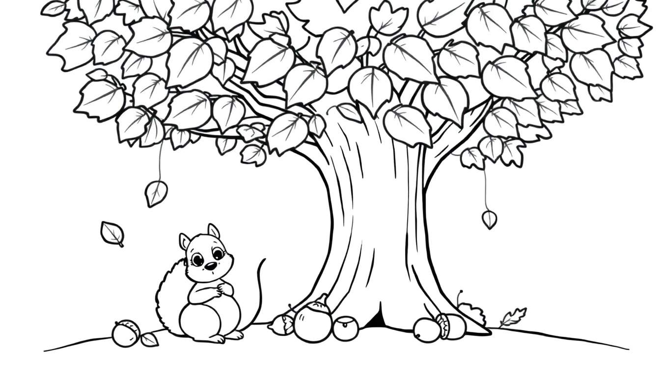 A cute squirrel eagerly collecting acorns under a colorful autumn tree, a delightful color panel for drawing.