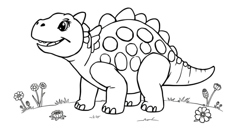 A cute baby Ankylosaurus color panel with a big, happy smile, ready for coloring.