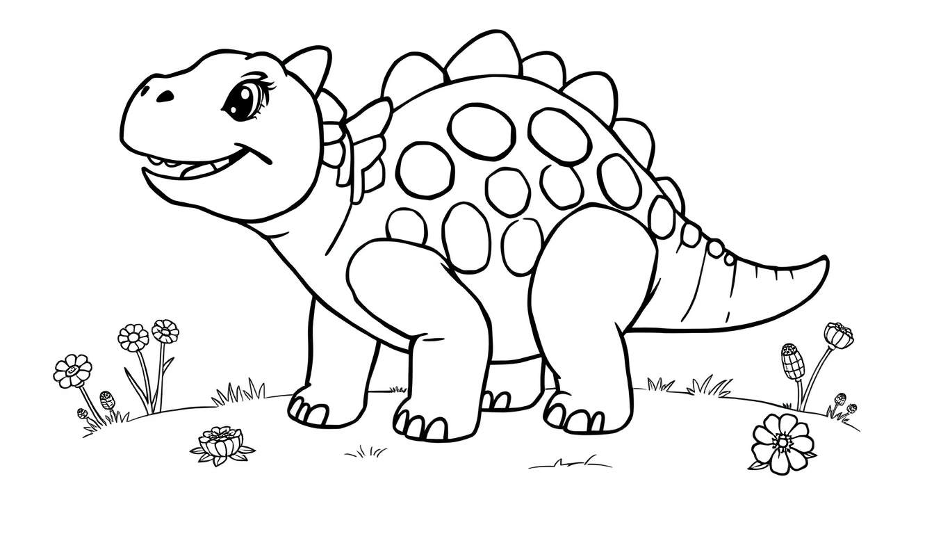 A cute baby Ankylosaurus color panel with a big, happy smile, ready for coloring.