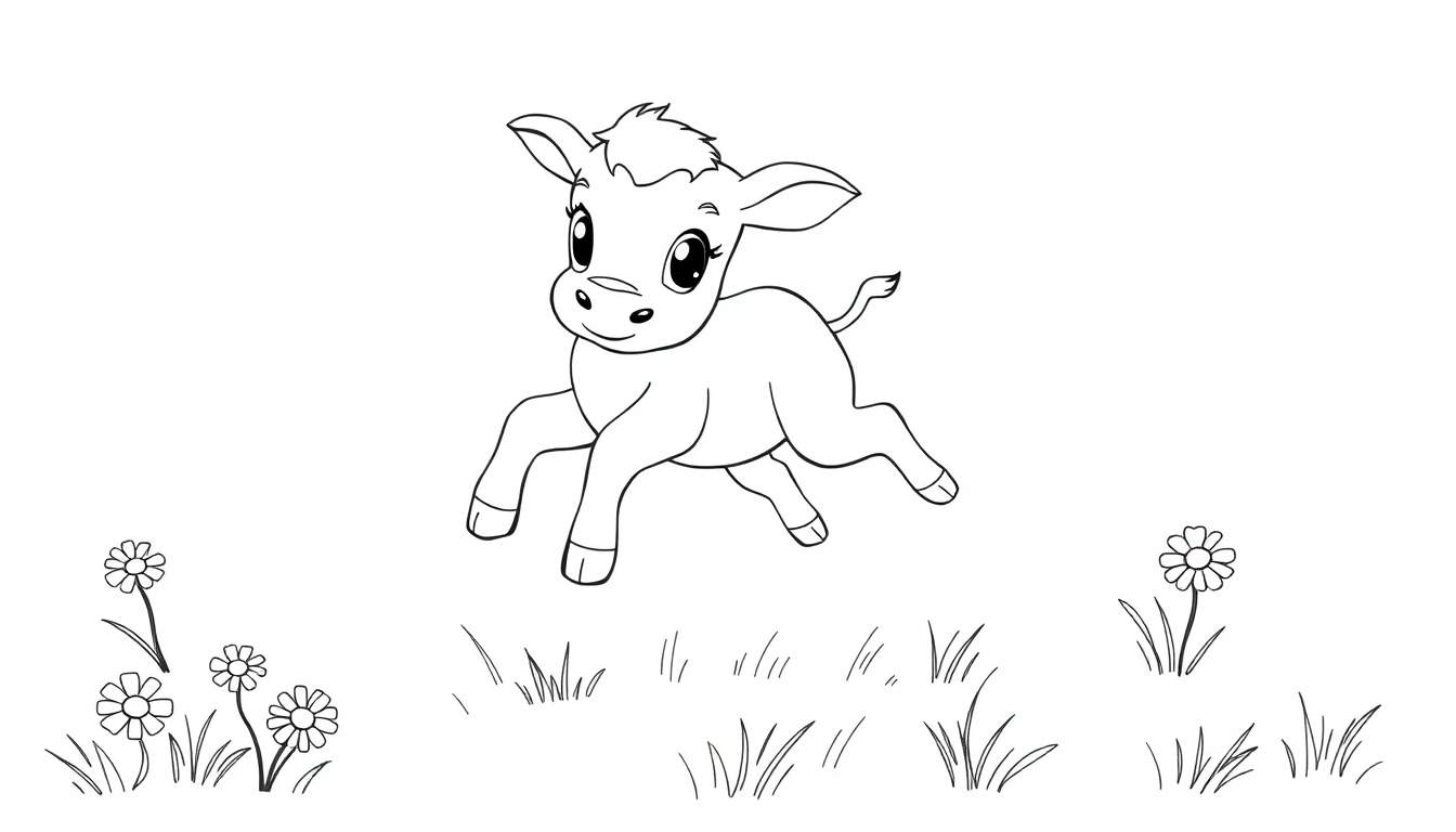 A cute baby calf jumping over grass in a black and white coloring panel.