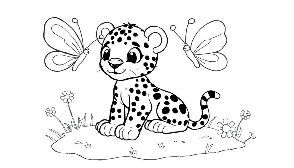 A black and white cartoon drawing of a baby cheetah with spots, sitting on a grassy mound with two butterflies and small flowers, ready for a color panel.
