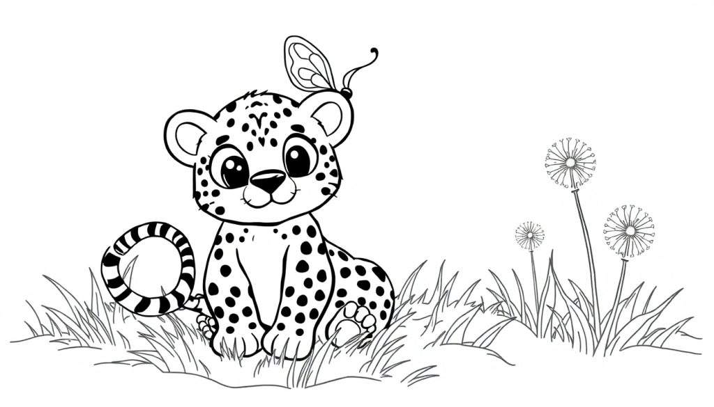 A baby cheetah with a butterfly on its head in a color panel.