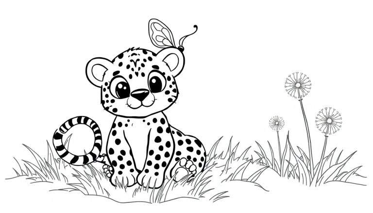 A baby cheetah with a butterfly on its head in a color panel.