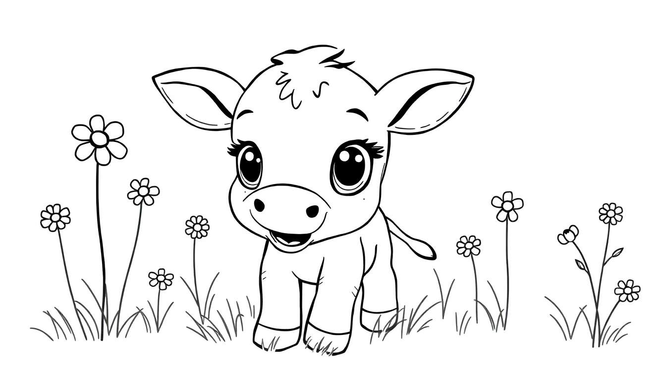 A cute baby cow, a black and white coloring panel, smiles in a field of flowers.