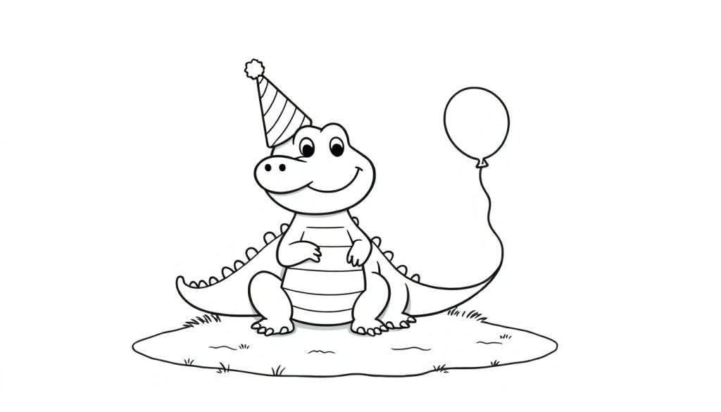 A friendly baby crocodile in a party hat with a balloon, ready for coloring, as a color panel.