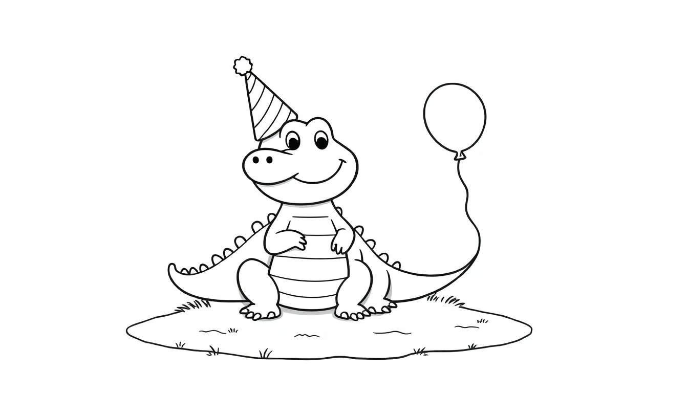 A friendly baby crocodile in a party hat with a balloon, ready for coloring, as a color panel.