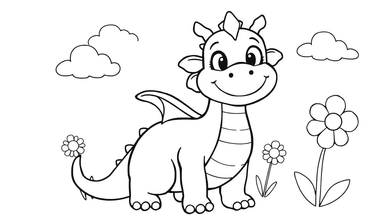 A friendly baby dragon, a color panel, smiling with big eyes, small wings, and horns, in a field with flowers and clouds.