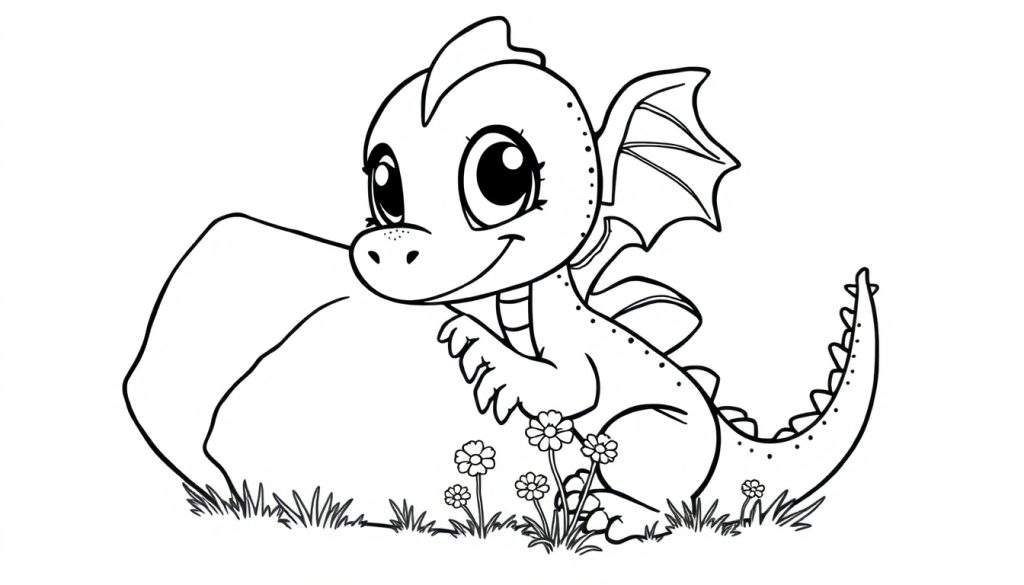 A cute baby dragon coloring panel sitting by a rock with flowers.