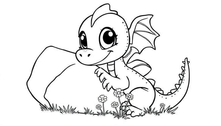 A cute baby dragon coloring panel sitting by a rock with flowers.