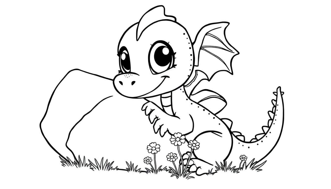 A cute baby dragon coloring panel sitting by a rock with flowers.