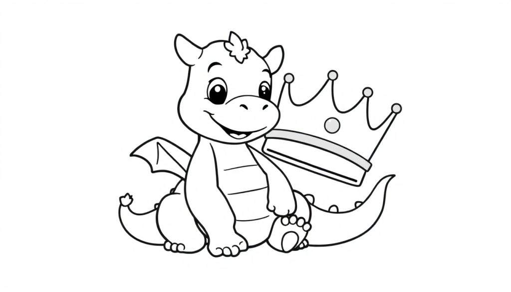 A cute baby dragon, ready for coloring, sitting next to a crown in this black and white color panel.
