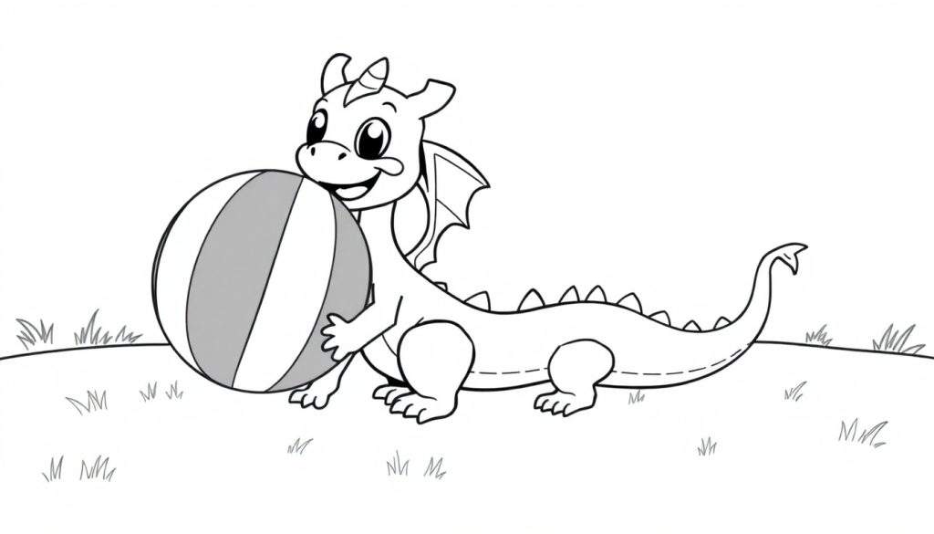 A cute baby dragon holding a striped beach ball, ready for a color panel.