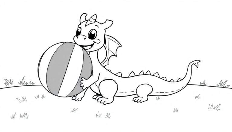 A cute baby dragon holding a striped beach ball, ready for a color panel.