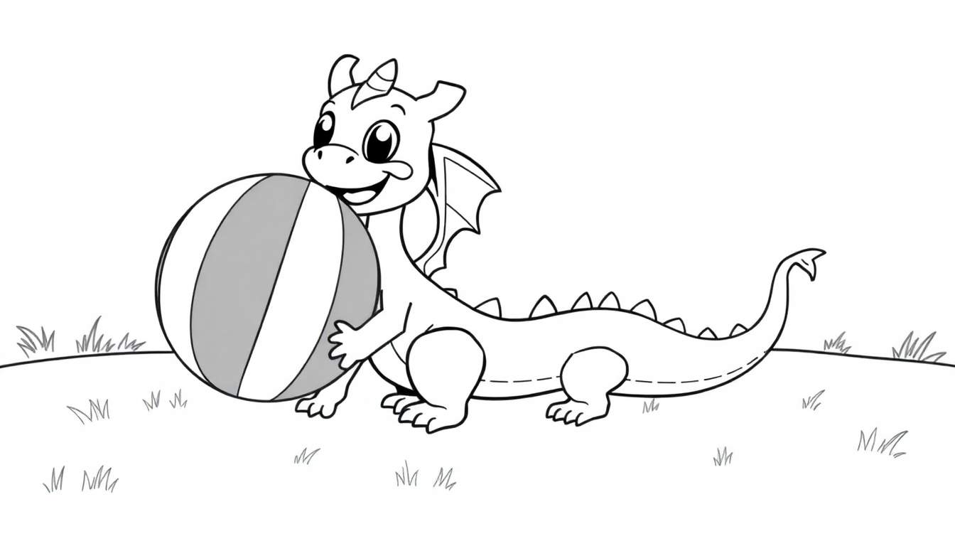 A cute baby dragon holding a striped beach ball, ready for a color panel.