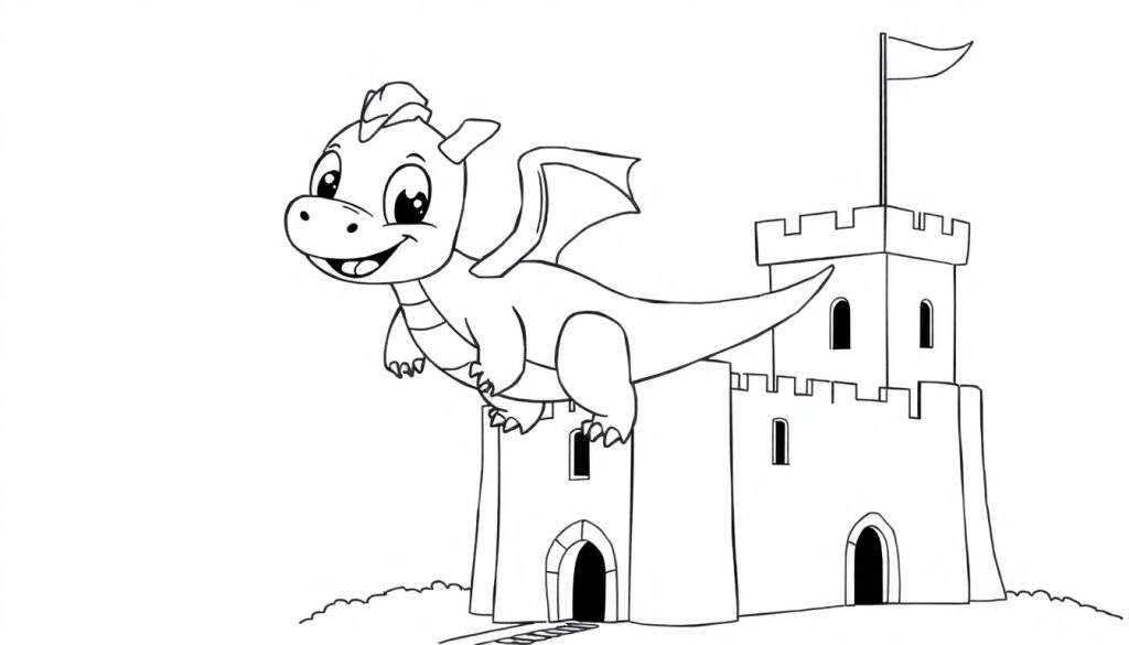 A cute baby dragon with big eyes flying over a castle, a black and white color panel.