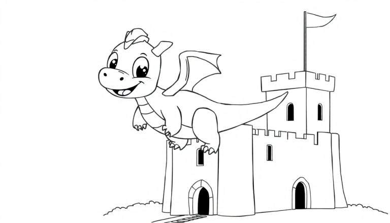A cute baby dragon with big eyes flying over a castle, a black and white color panel.