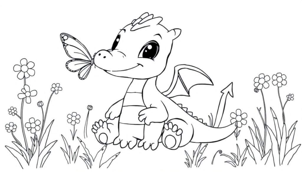 A cute baby dragon coloring panel with a butterfly on its nose.