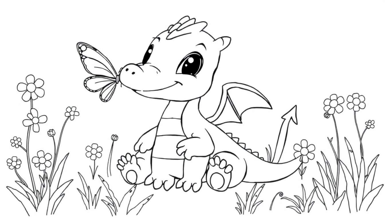 A cute baby dragon coloring panel with a butterfly on its nose.