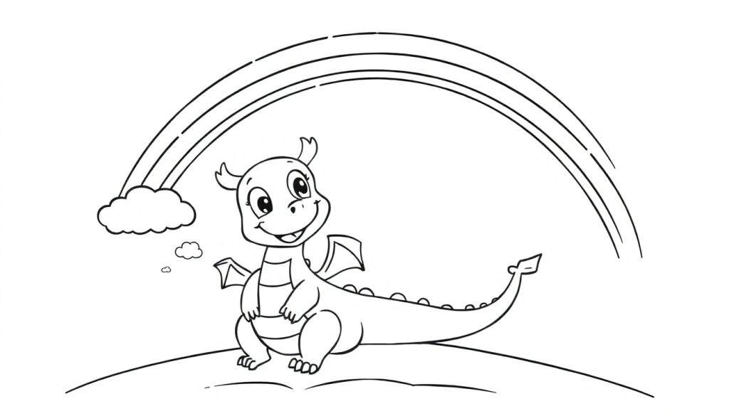 A cute baby dragon sitting on a hill under a rainbow, black and white color panel.