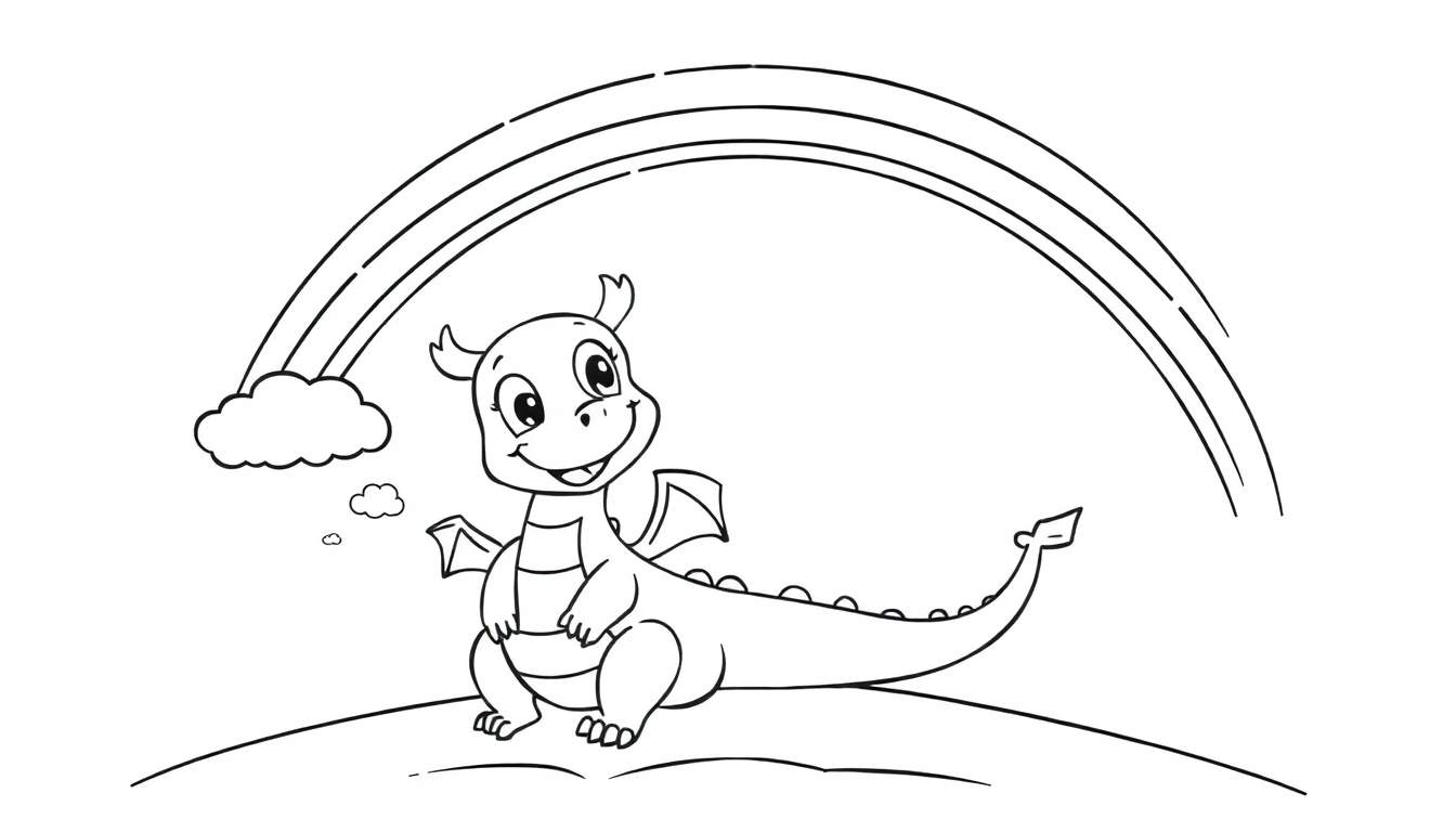 A cute baby dragon sitting on a hill under a rainbow, black and white color panel.
