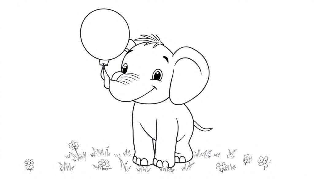 A cute baby elephant holding a balloon with its trunk, ready for a color panel.
