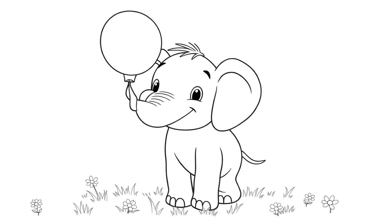 A cute baby elephant holding a balloon with its trunk, ready for a color panel.