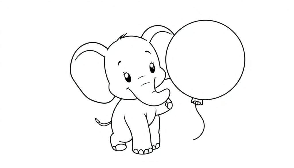 A cute baby elephant with a balloon, ready for coloring in this color panel.