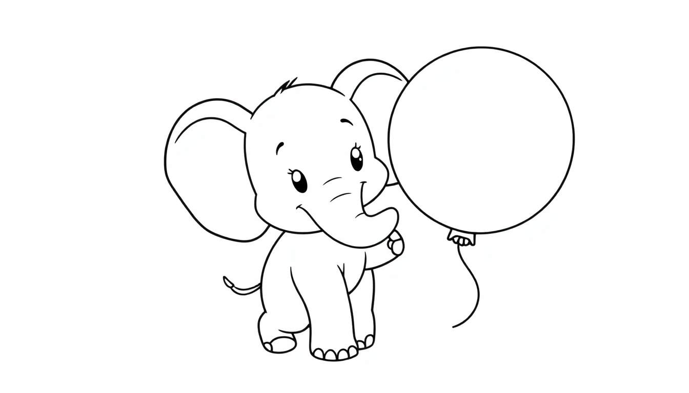 A cute baby elephant with a balloon, ready for coloring in this color panel.