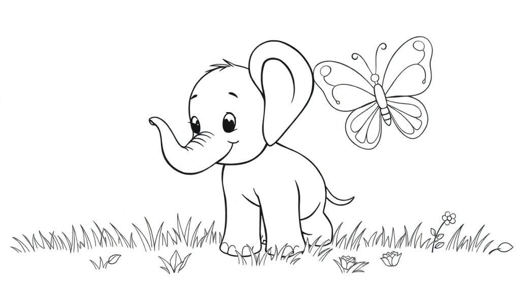 A cute baby elephant in a grassy color panel with a butterfly.