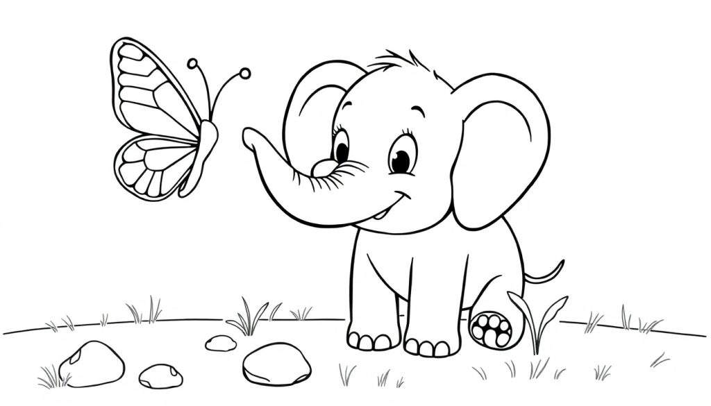 A cute baby elephant with big ears reaching for a butterfly. Black and white coloring panel.