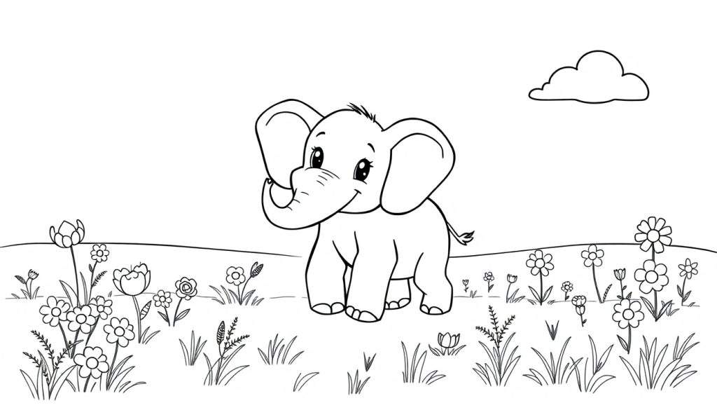 A cute baby elephant in a flower field, a color panel illustration.