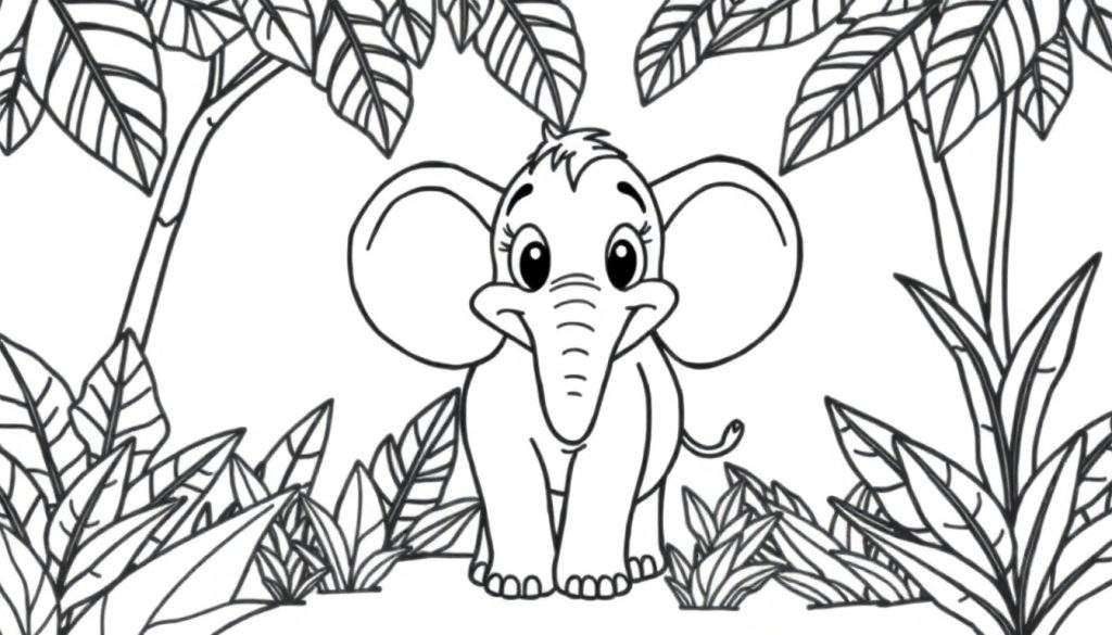 A black and white cartoon of a baby elephant smiling in a jungle, ready for a color panel.