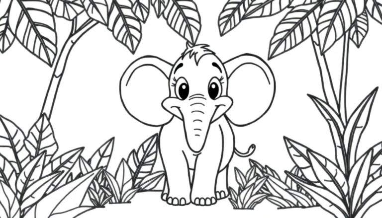 A black and white cartoon of a baby elephant smiling in a jungle, ready for a color panel.