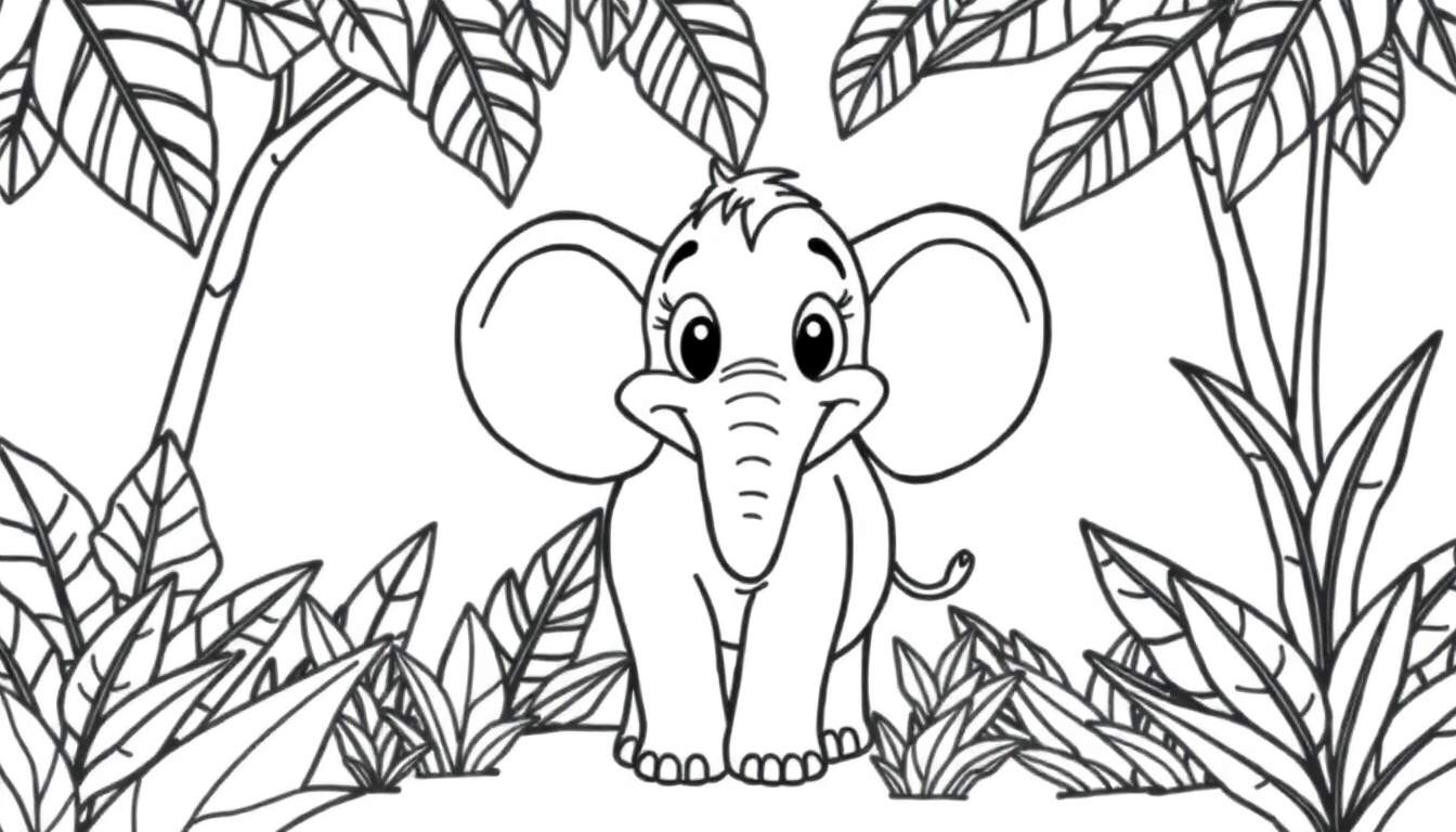 A black and white cartoon of a baby elephant smiling in a jungle, ready for a color panel.