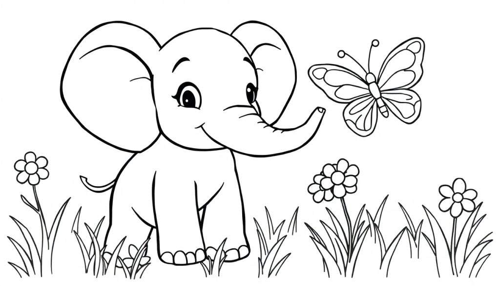 A cute baby elephant in a black and white coloring panel, reaching its trunk towards a butterfly among flowers.