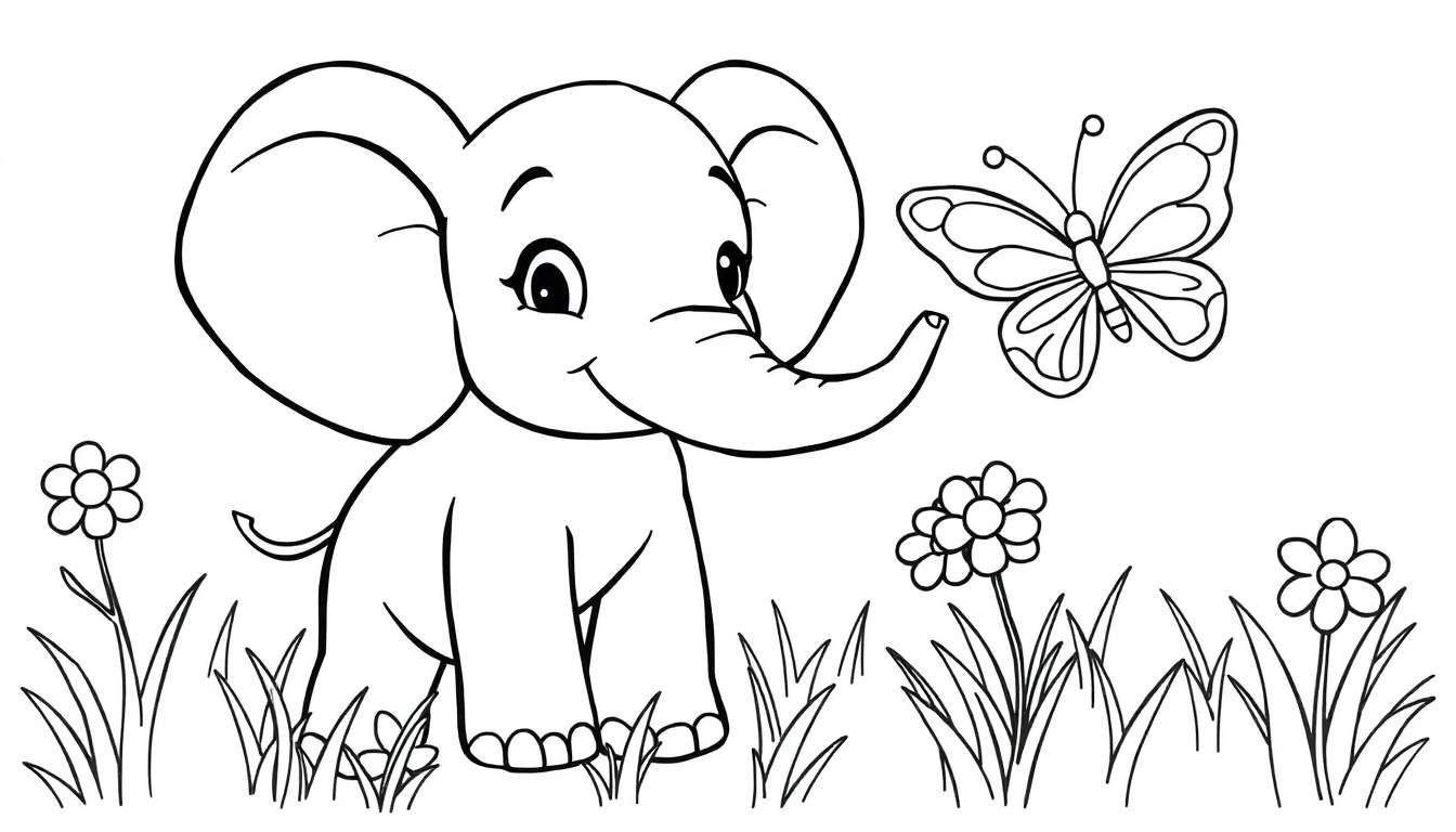 A cute baby elephant in a black and white coloring panel, reaching its trunk towards a butterfly among flowers.