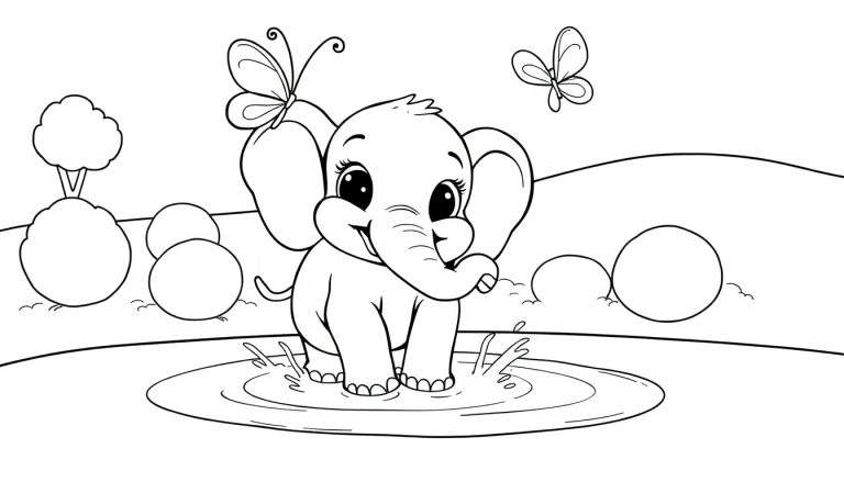 A cute cartoon elephant playing in water with butterflies, a coloring page color panel.
