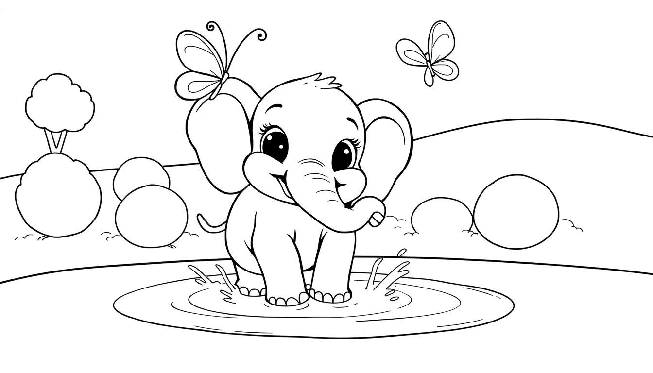 A cute cartoon elephant playing in water with butterflies, a coloring page color panel.