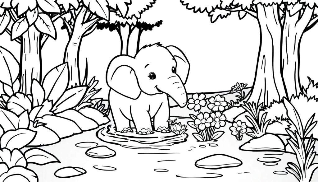 A baby elephant in a stream, a fun color panel for kids.