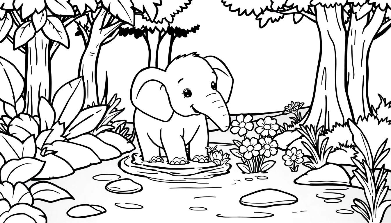 A baby elephant in a stream, a fun color panel for kids.