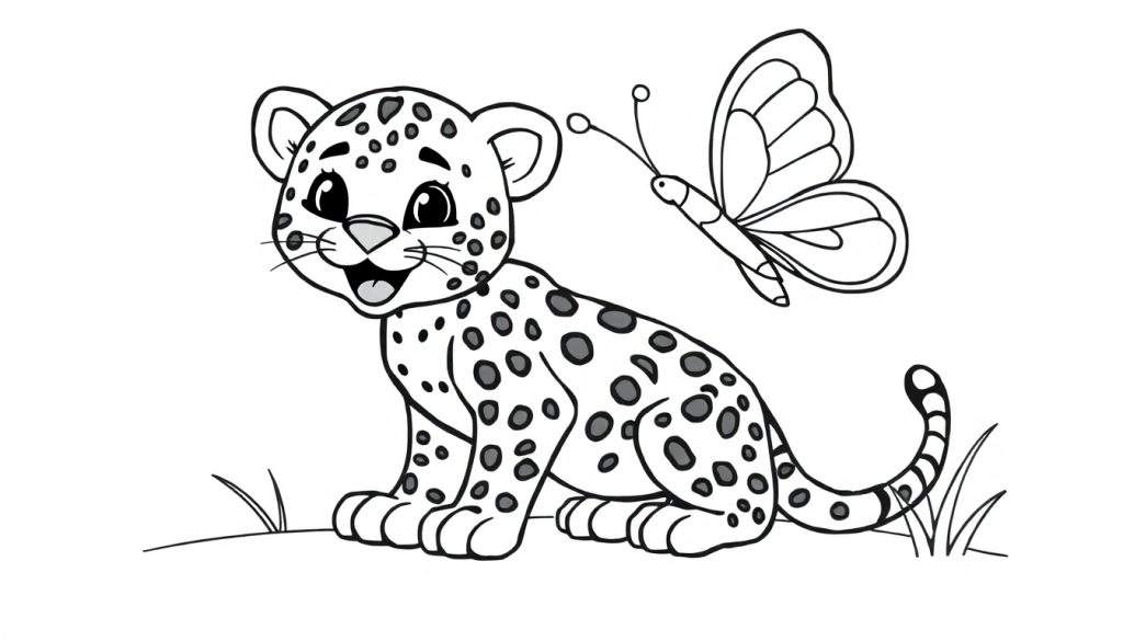 A cute baby jaguar with spots and a happy face sits in grass, with a butterfly flying near its head, ready for coloring in this color panel.