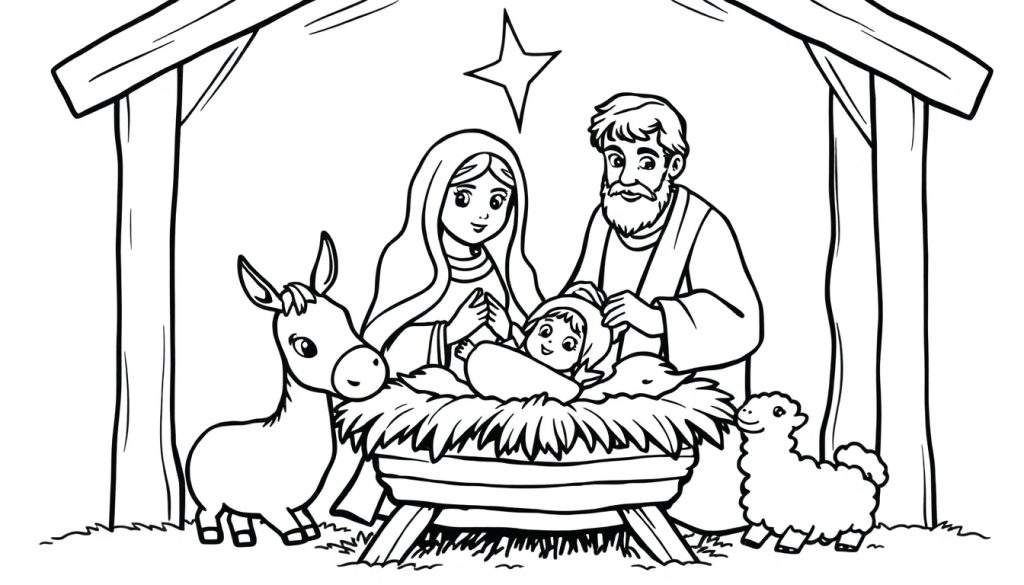 A simple black and white nativity scene color panel for kids, showing baby Jesus in a manger with Mary and Joseph, plus a donkey and a sheep.