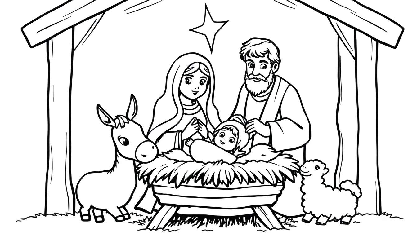 A simple black and white nativity scene color panel for kids, showing baby Jesus in a manger with Mary and Joseph, plus a donkey and a sheep.
