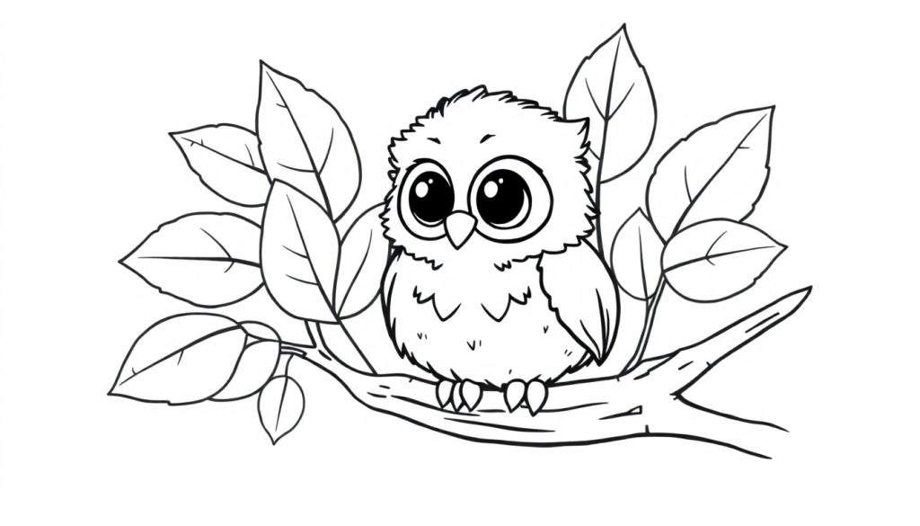 A fluffy baby owl waiting to be colored in this black and white outline color panel.