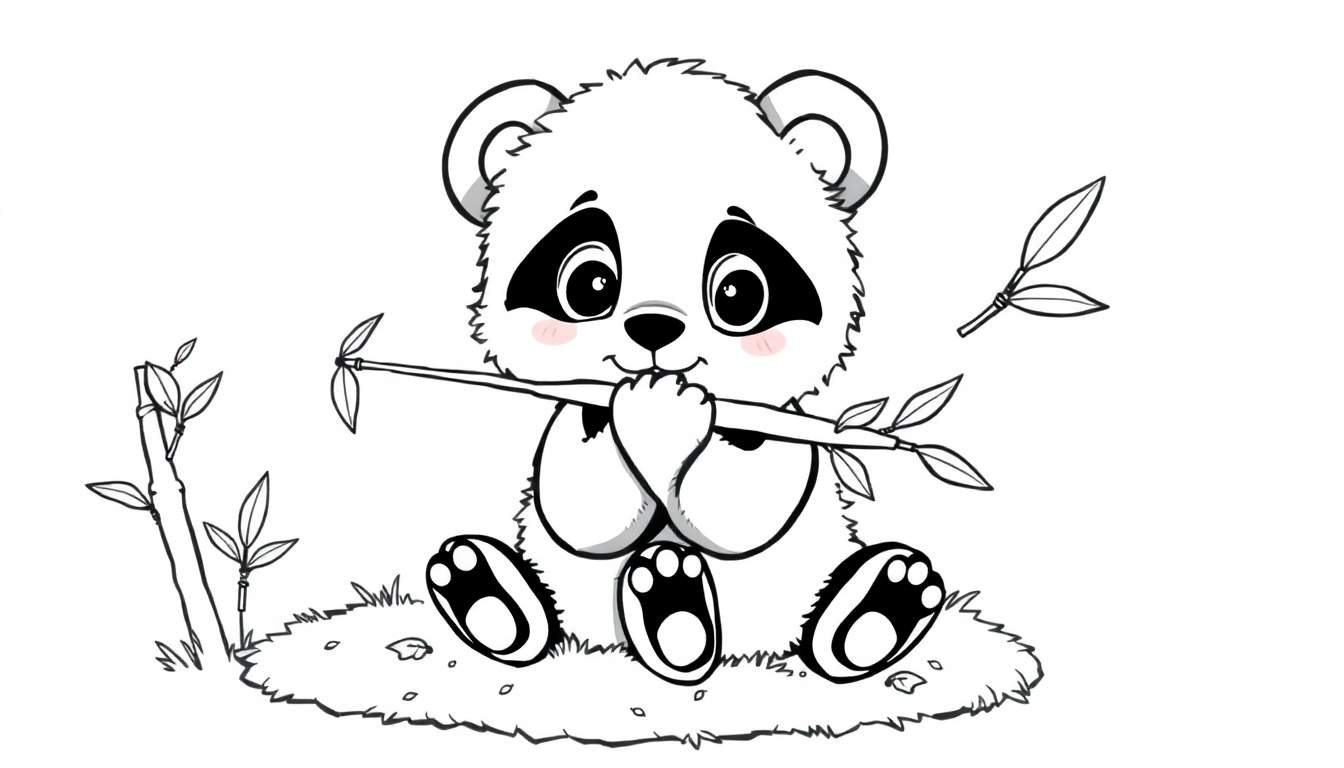 A black and white coloring page of a baby panda holding a bamboo stalk on a grass patch, a perfect color panel for kids.
