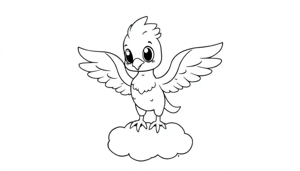 Cute baby phoenix on a cloud, a black and white line drawing for a color panel.